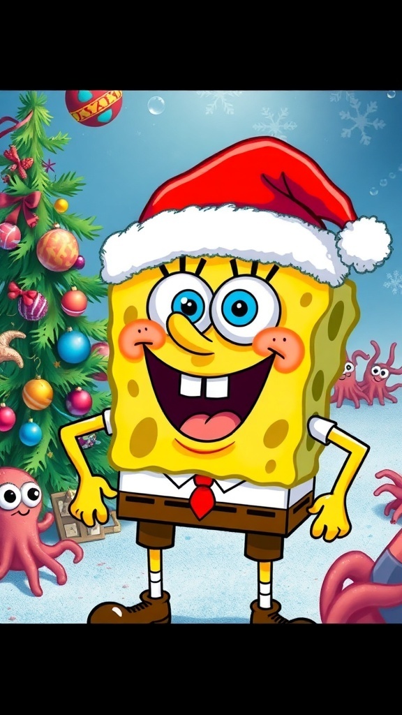 SpongeBob SquarePants in a Santa hat with Christmas decorations in a snowy Bikini Bottom.